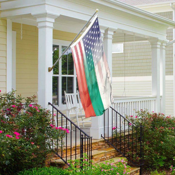 Bulgarian American Hybrid Flag hanging on a front porch - Flags by Bannerfi