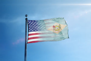 the flag of the state of new york flies high in the blue sky