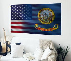 a flag hanging on the wall of a living room