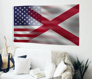a living room with a white couch and a flag on the wall