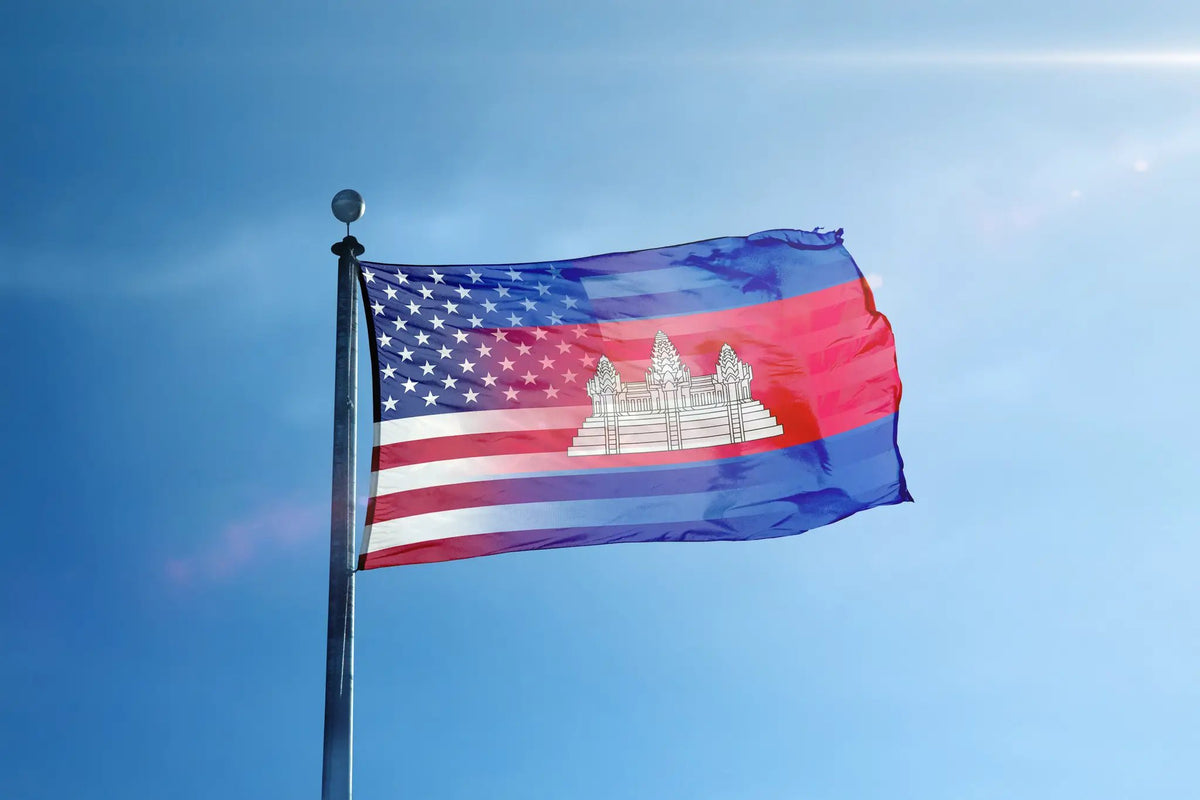 House flag Cambodian American Hybrid Flag featuring U.S. stars and Angkor Wat in red, white, blue.