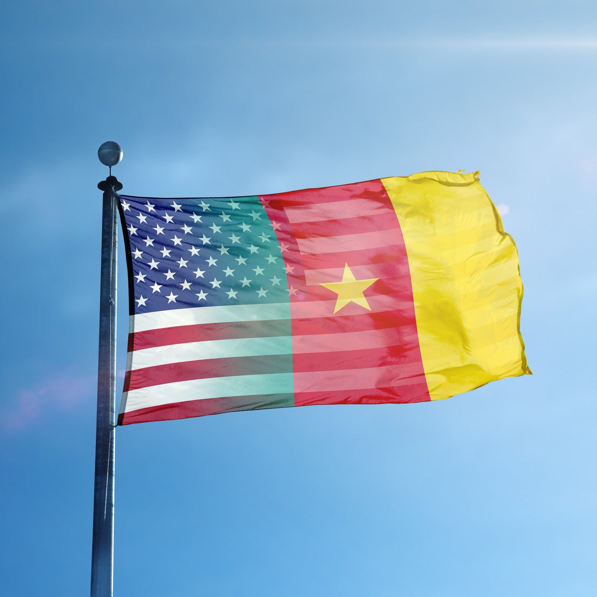 Cameroonian American Hybrid Flag on a flagpole - Flags by Bannerfi