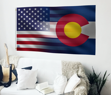 Load image into Gallery viewer, a living room with a guitar and a flag on the wall
