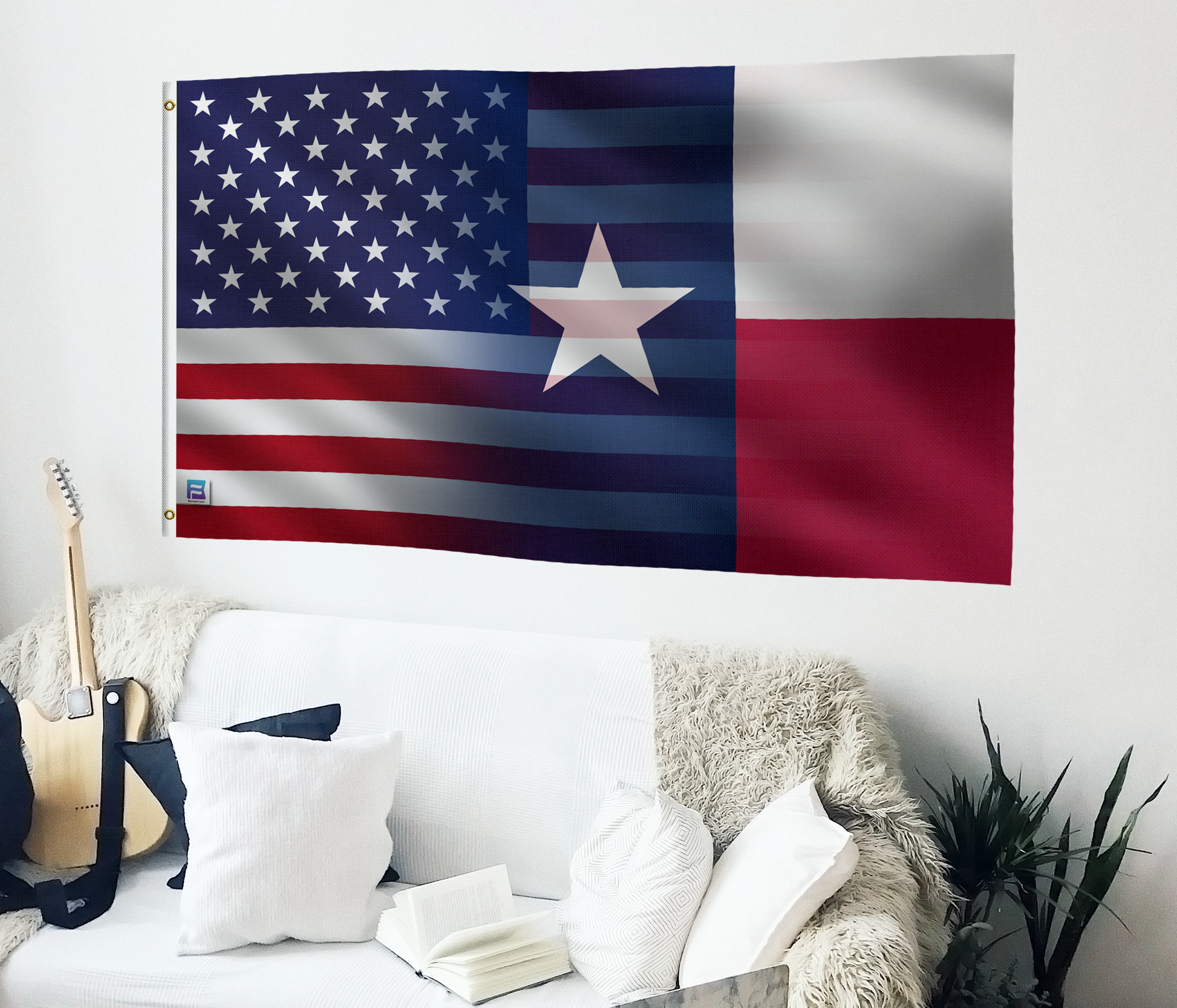 a living room with a guitar and a flag on the wall