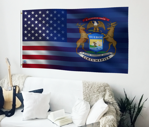 a living room with a couch and a flag hanging on the wall