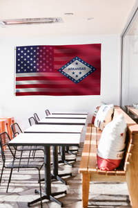 a room with a flag hanging on the wall