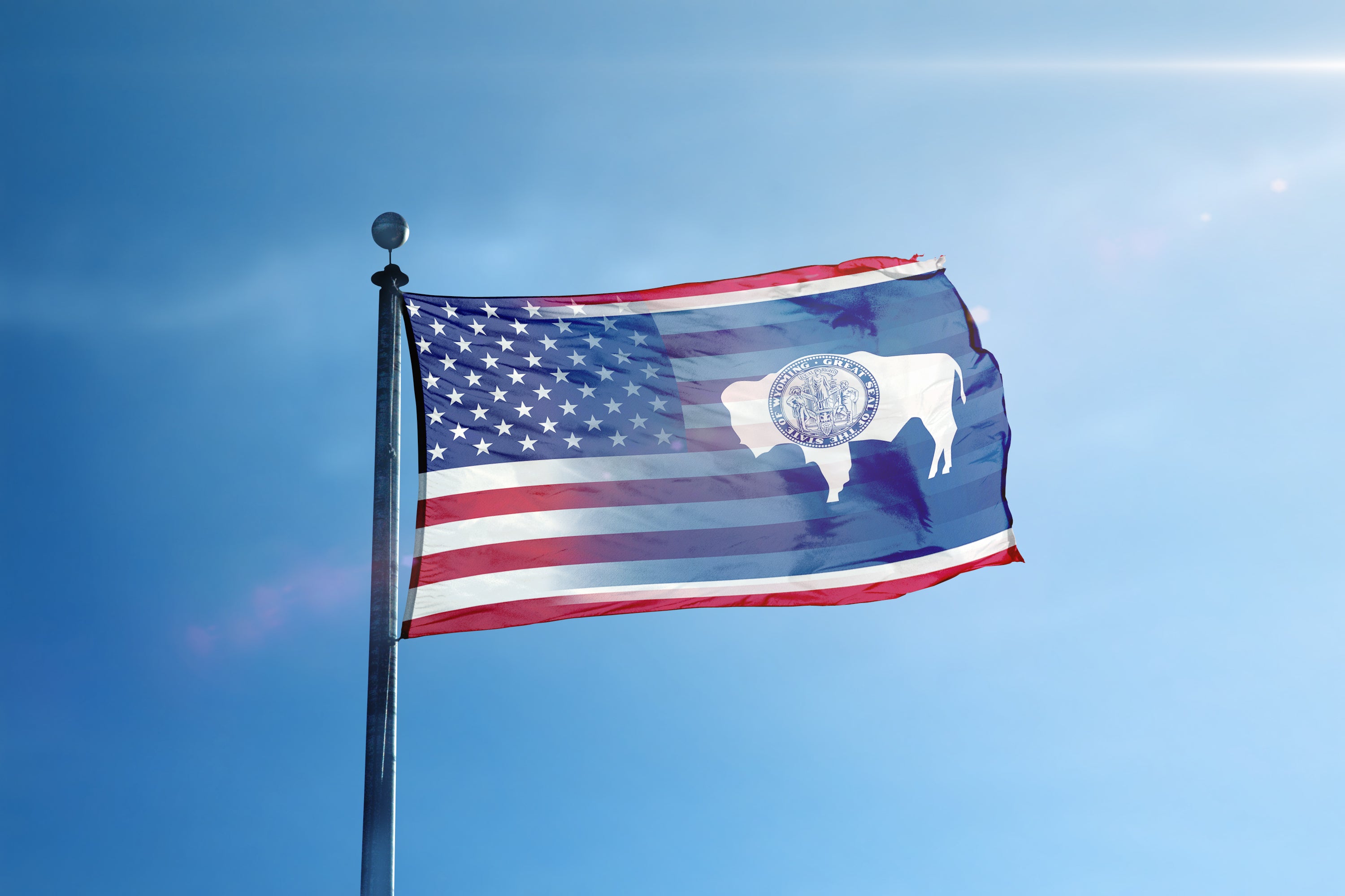 a flag flying in the wind with a blue sky in the background