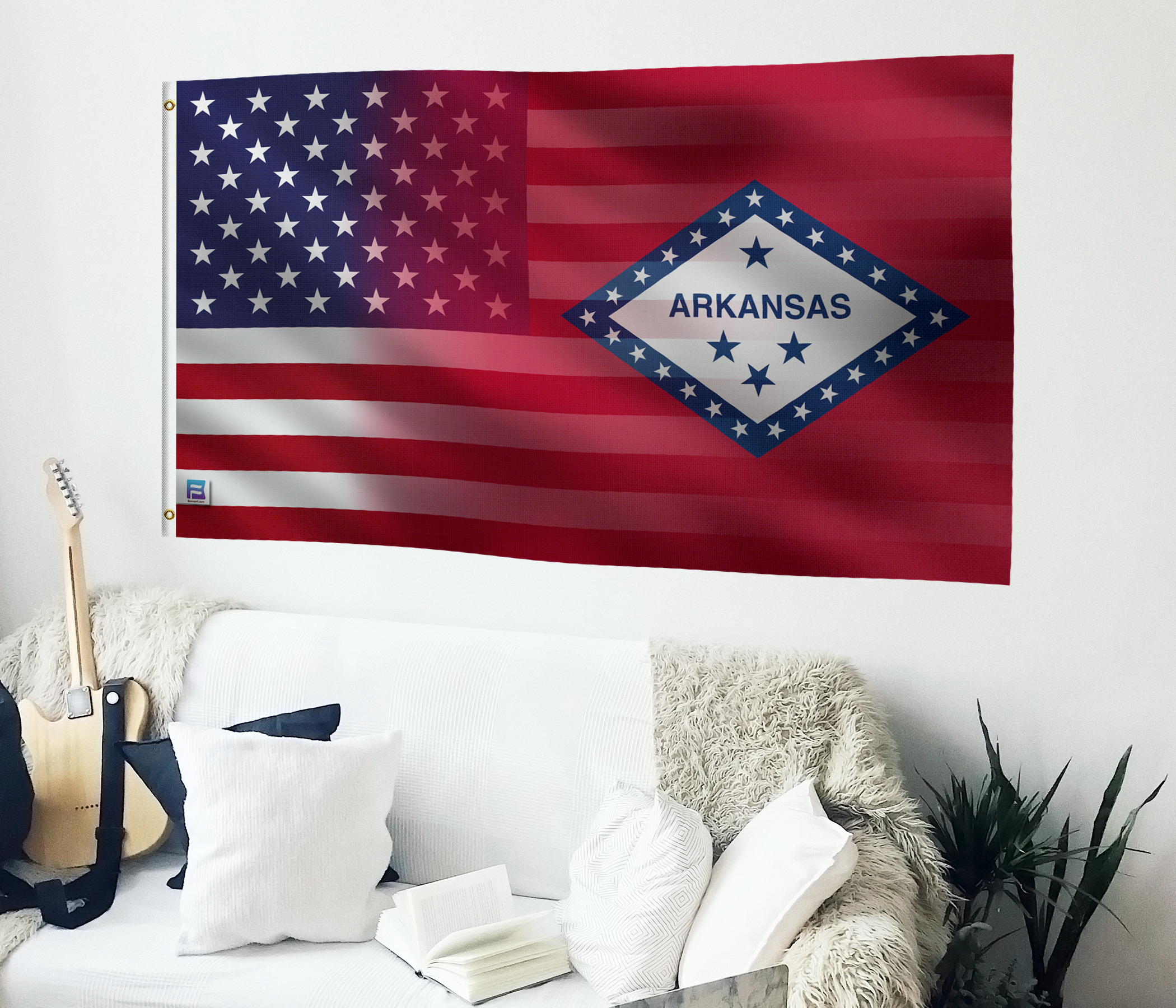 a living room with a couch, guitar and an american flag