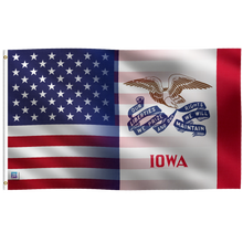 Load image into Gallery viewer, an american flag with a picture of an eagle and the words iowa on it

