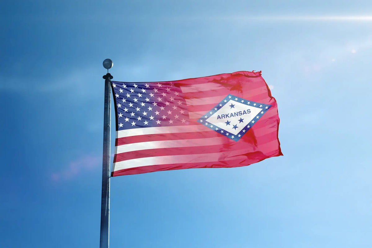 Arkansas & American Flag Blend house flag by Bannerfi with Arkansas diamond emblem waving in the wind