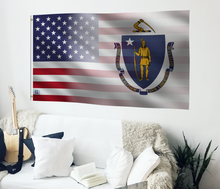 Load image into Gallery viewer, a living room with a couch and a flag hanging on the wall
