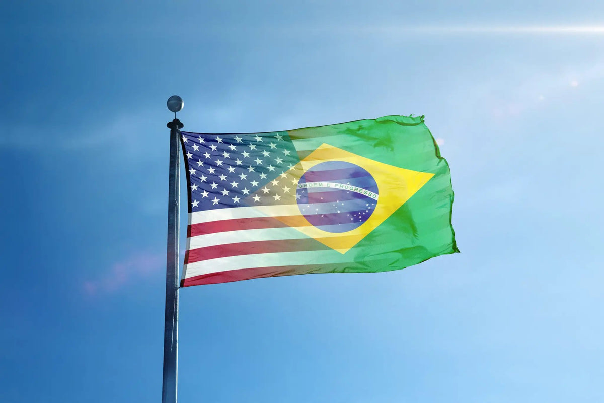 House flag: Brazilian American Hybrid Flag on a flagpole, green-yellow Brazilian colors with US stars and stripes.