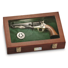 Load image into Gallery viewer, Handgun Display Case With Personalized Engraving - Holds Firearms, Watches, Coins - Lockable Latch - Wooden Shadow Box w/ Glass Top &amp; Felt - Bannerfi
