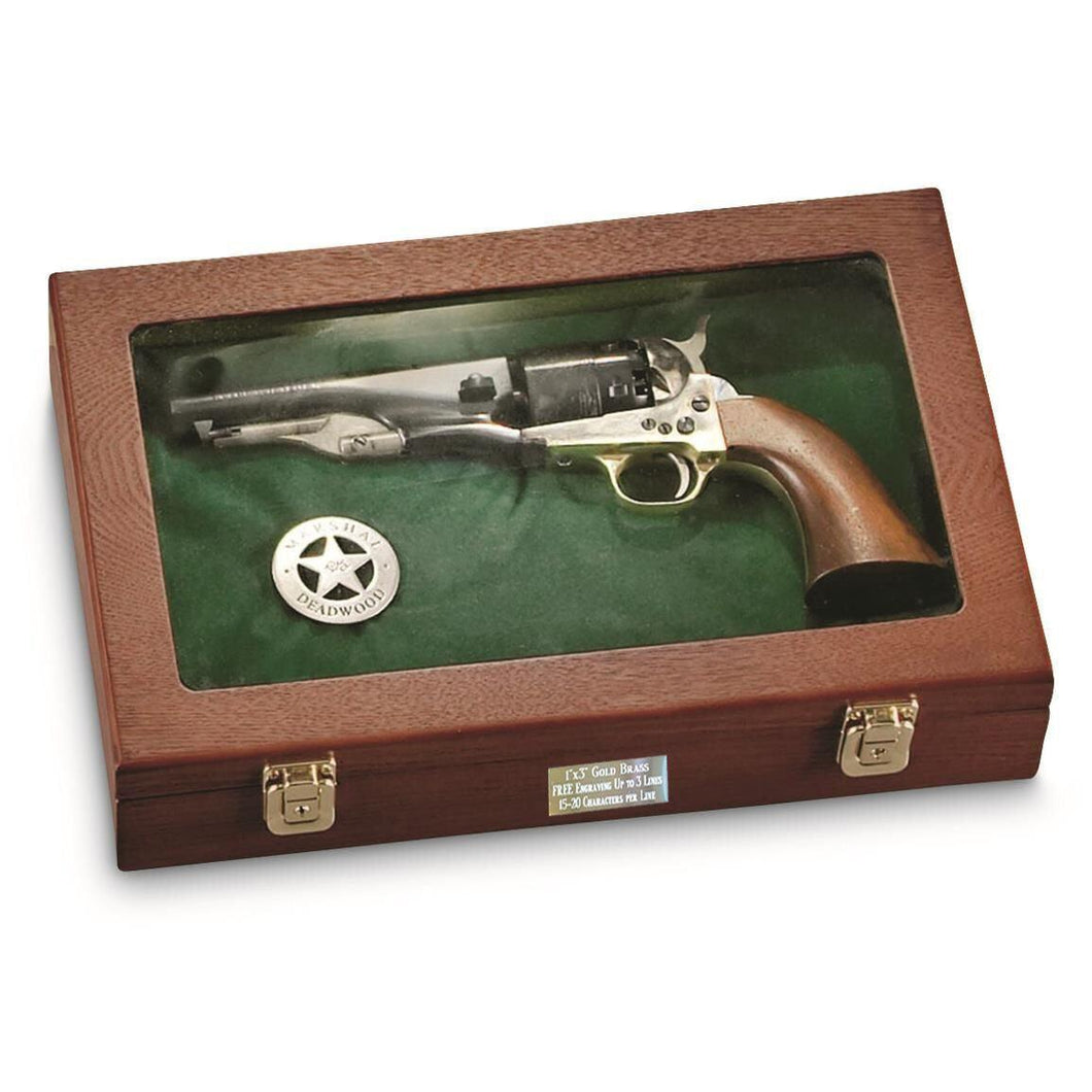Handgun Display Case With Personalized Engraving - Holds Firearms, Watches, Coins - Lockable Latch - Wooden Shadow Box w/ Glass Top & Felt - Bannerfi