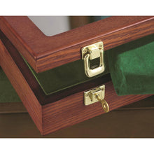 Load image into Gallery viewer, Handgun Display Case With Personalized Engraving - Holds Firearms, Watches, Coins - Lockable Latch - Wooden Shadow Box w/ Glass Top &amp; Felt - Bannerfi
