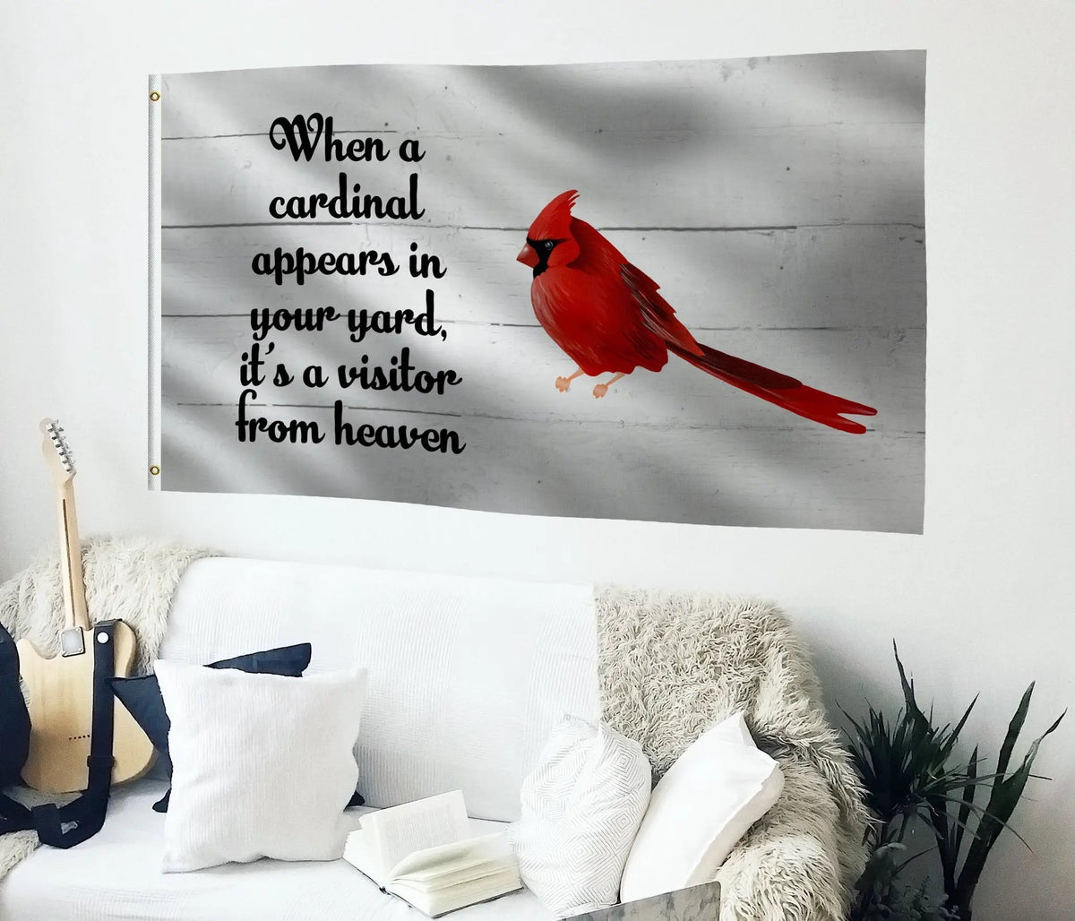 Visitor From Heaven Flag, a house flag with black script text and a red cardinal on gray wood background.