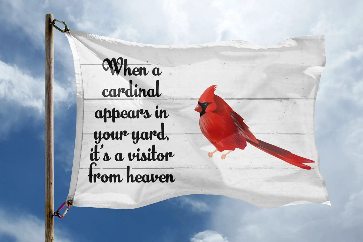 Visitor From Heaven Flag: white house flag with black script text and a red cardinal on a wooden pole, Bannerfi