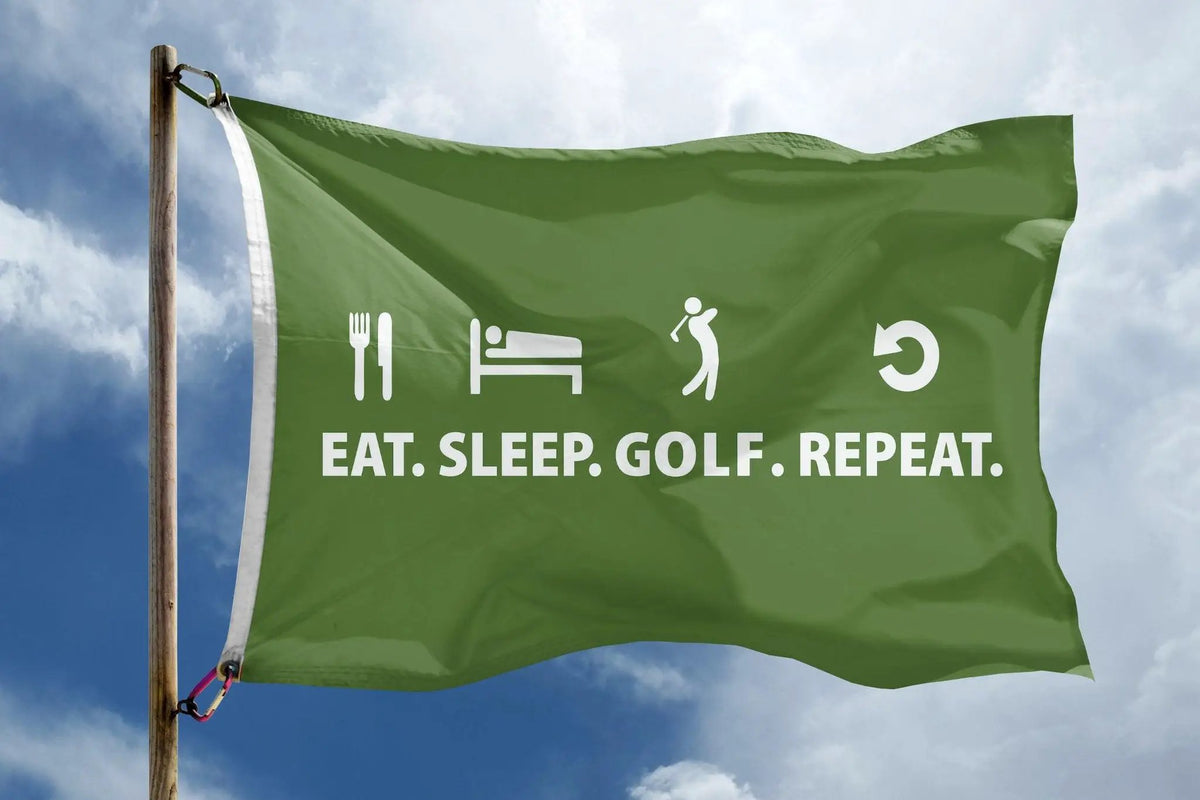 Eat. Sleep. Golf. Repeat Flag - green Bannerfi house flag with white icons and bold text
