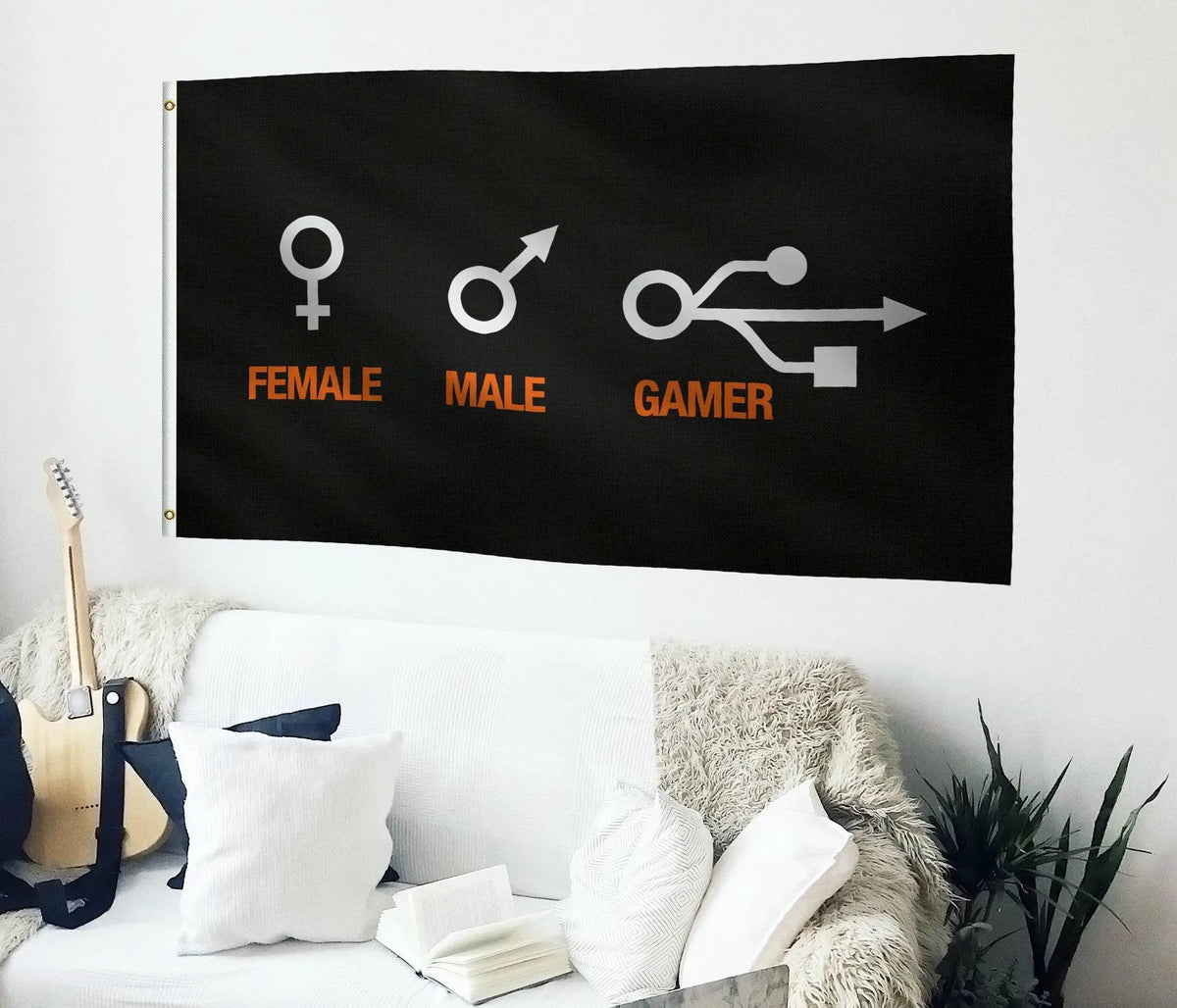 Female Male Gamer Flag by Bannerfi; black house flag with white gender symbols and orange text