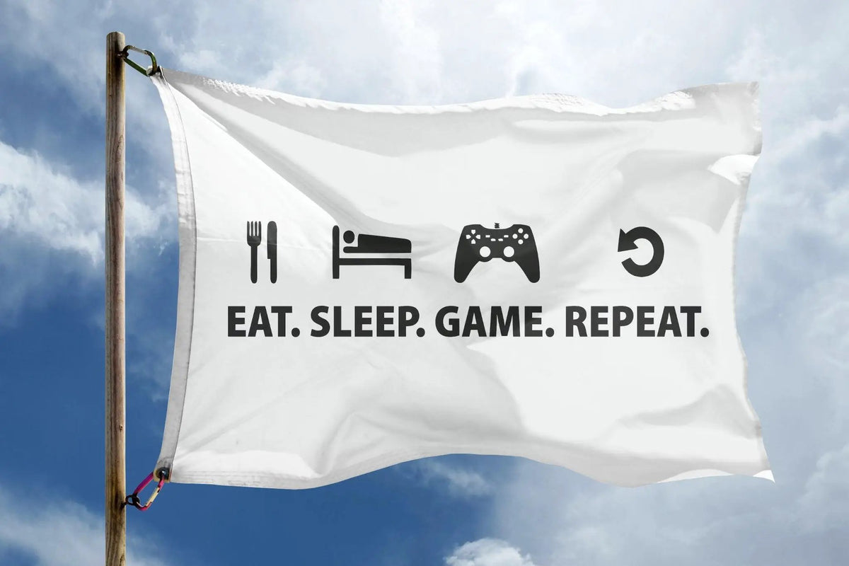 Eat. Sleep. Game. Repeat. flag with black icons of fork, bed and game controller on white fluttering on a wooden pole