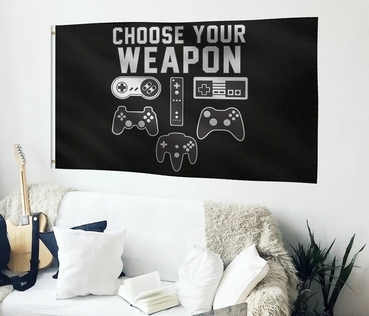 Choose Your Weapon Flag (Black) — black house flag with white game-controller icons and CHOOSE YOUR WEAPON.