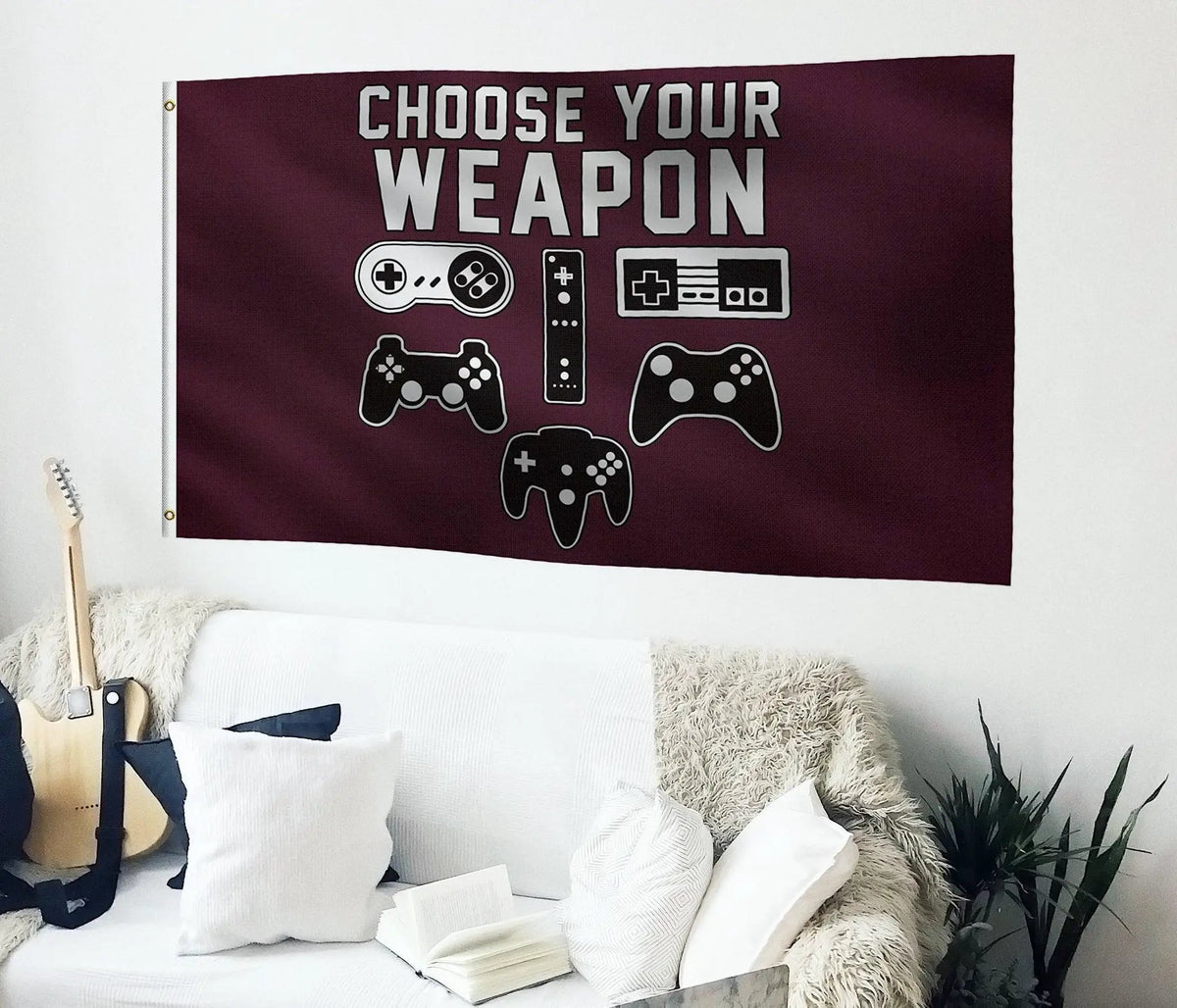 Choose Your Weapon Flag (Maroon) by Bannerfi - house flag with bold white text and retro game controller icons.