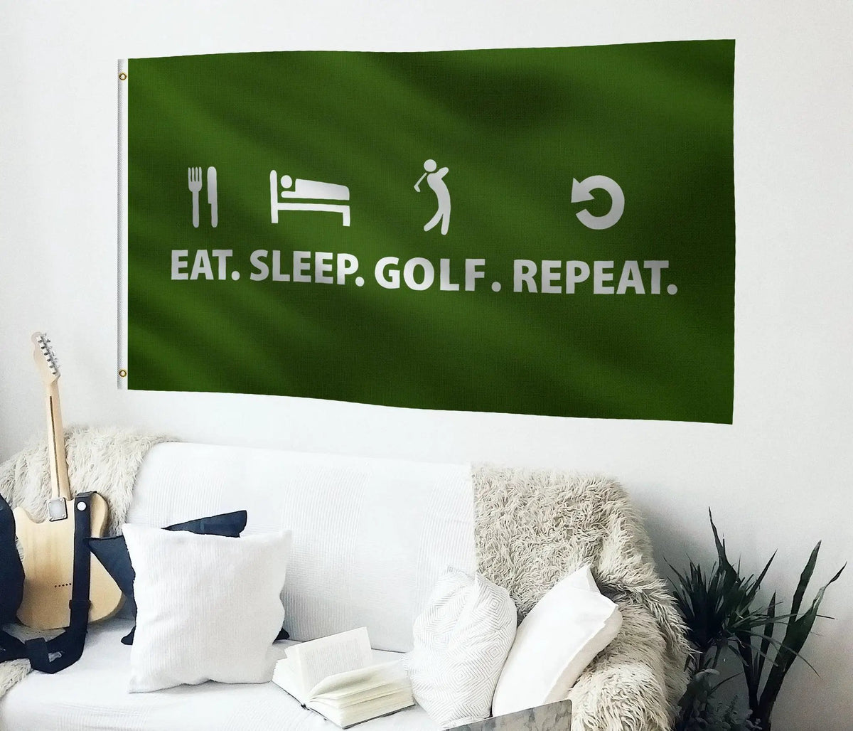 Eat. Sleep. Golf. Repeat Flag by Bannerfi; green house flag with white fork/knife, bed, golfer and repeat icon.