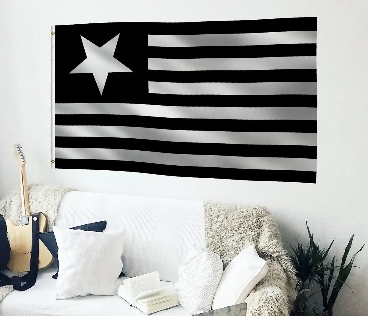 Lamb of God flag; Bannerfi house flag with black-and-white horizontal stripes and a white star.