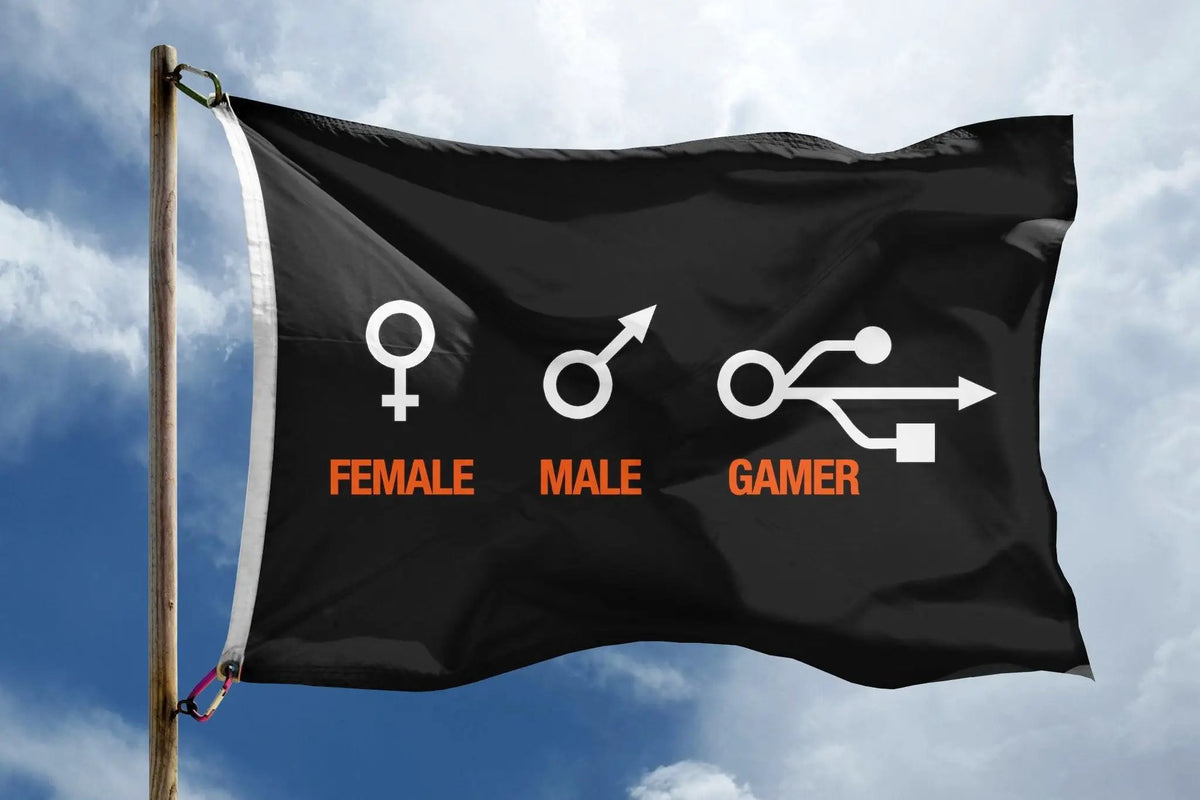 House flag: Bannerfi Female Male Gamer flag, black with white gender symbols and orange text