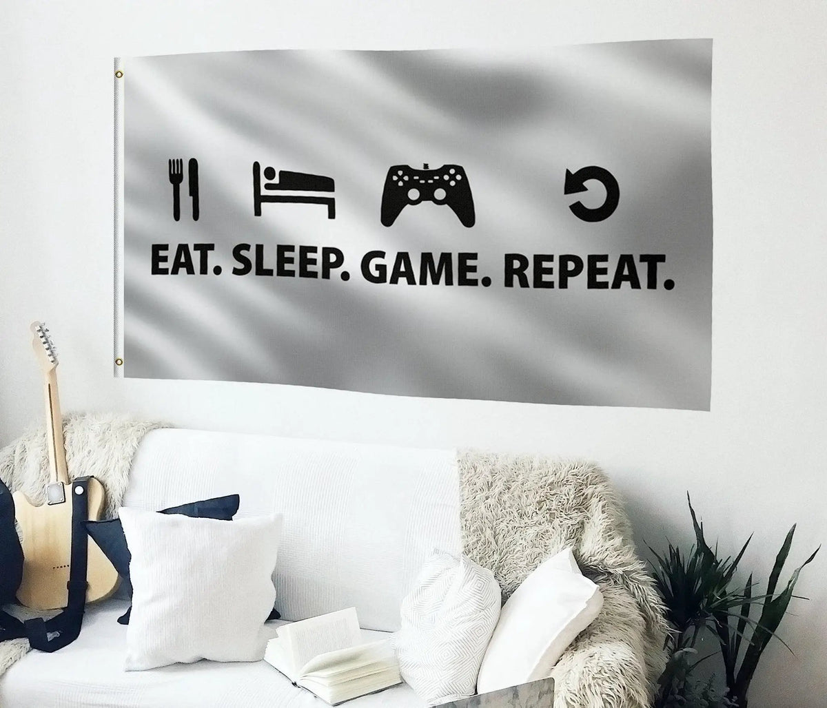 Eat. Sleep. Game. Repeat. flag by Bannerfi; white house flag with black icons and metal grommets.
